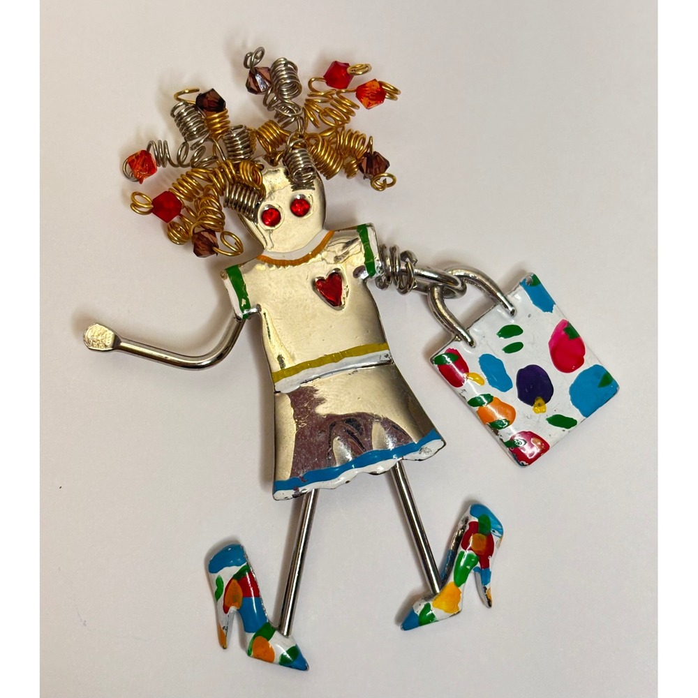 Vintage CARETTE By GANZ Shopping Girl Pendant Pin Brooch Dangle Legs Handbag